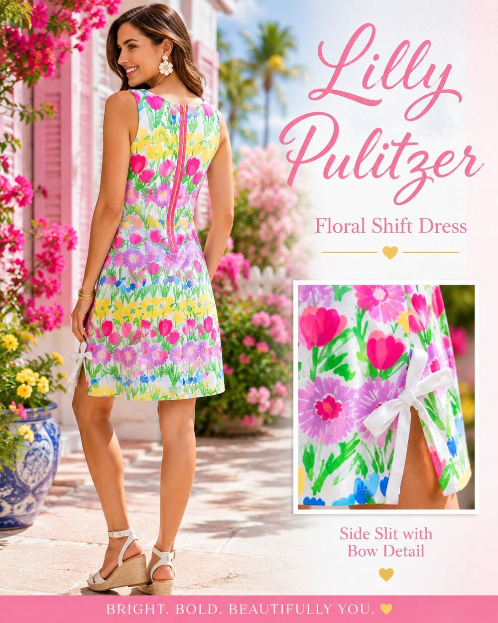 Lilly Pulitzer Floral Shift Dress Back Zip Side Bow Hem Size S/M